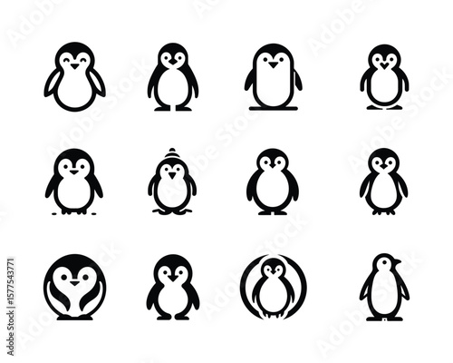 Minimalist penguin icon set vector avatars for digital design