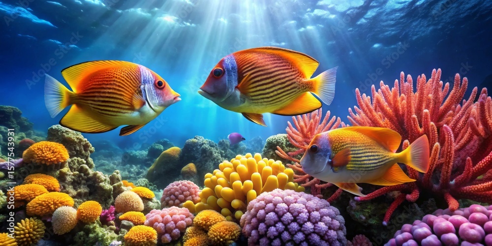 Fototapeta premium Vibrant Reef Fish Gracefully Swimming Amongst Colorful Coral and Sunlit Ocean Waters