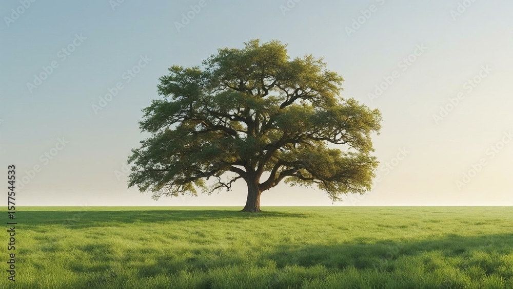 Obraz premium Solitary Oak in a Verdant Field: A majestic oak tree stands alone in a vast, tranquil field under a serene sky, embodying strength, resilience, and the beauty of nature.