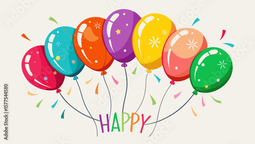 Colorful balloons and confetti with happy text for celebrations