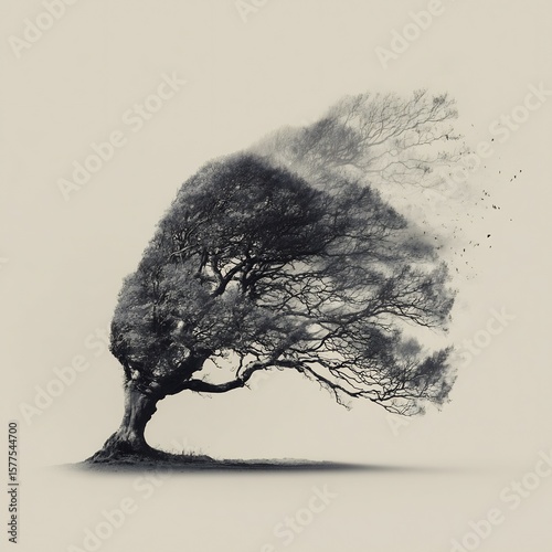 Solitary windswept tree surreal disintegration concept black and white minimalism nature