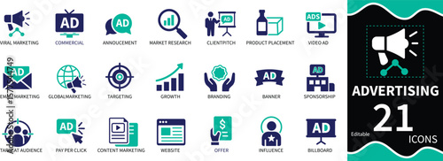 A clean flat vector icon set featuring marketing, branding, and advertising elements such as online ads, campaigns, and promotions. Perfect for use in digital media, business presentations, and promot