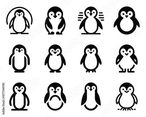 Minimalist penguin icon set cute avian vector illustrations