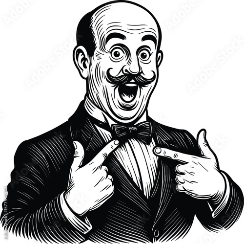 Bald man with mustache wearing bow tie pointing at himself in shock vector black silhouette print design