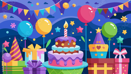 Festive birthday celebration with cake balloons gifts and party hats