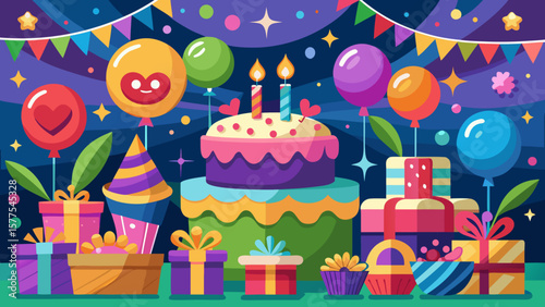 Festive birthday celebration with cake balloons gifts and party decorations