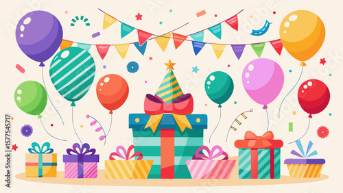 Colorful birthday party celebration with gifts balloons and bunting flags