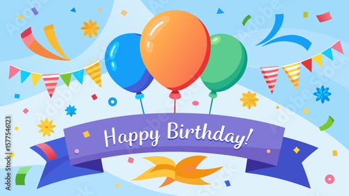 Happy birthday banner with balloons confetti and festive decorations