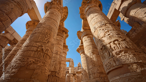 Temple of Karnak Recreated in Full Detail Showcasing Towering Columns and Intricate Hieroglyphics against a Clear Blue Sky