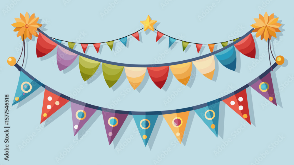 Obraz premium Colorful bunting flags and stars decoration for celebrations and parties