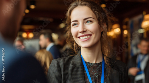 Confident Woman Smiling While Networking in Business Attire at a Professional Industry Event