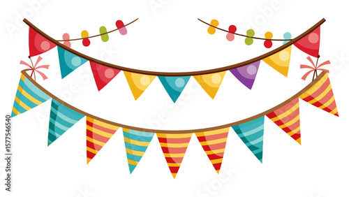 Colorful festive bunting flags and party hats for celebration and decoration