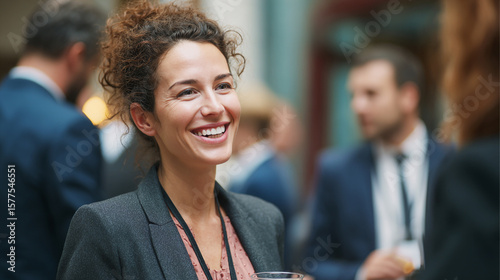 Confident Woman in Business Attire Engaging in Networking at Industry Event with Professionals Around Her