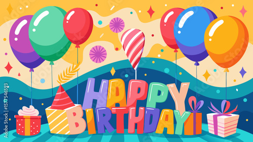 Colorful happy birthday celebration with balloons gifts and party hat