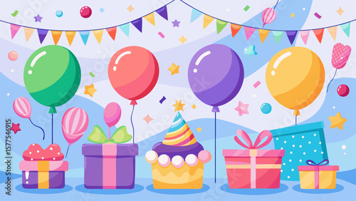 Vibrant birthday celebration with balloons gifts and party hat decorations