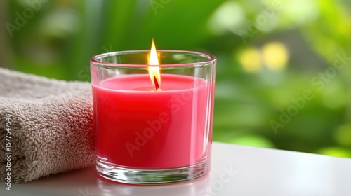 Close-up of a burning red candle in a glass container next to a folded towel with soft green background