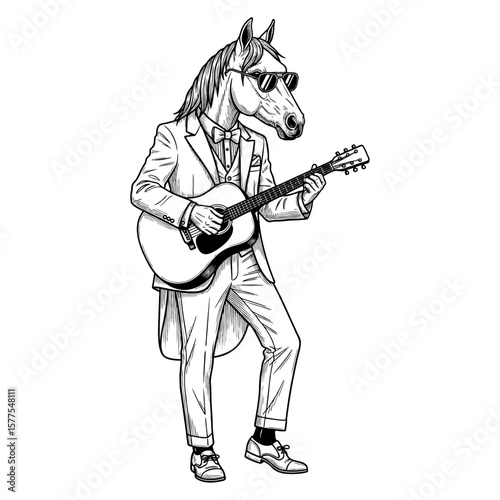 Horse Guitarist in Suit with Sunglasses playing an acoustic guitar – Coloring Book Style Vector Illustration