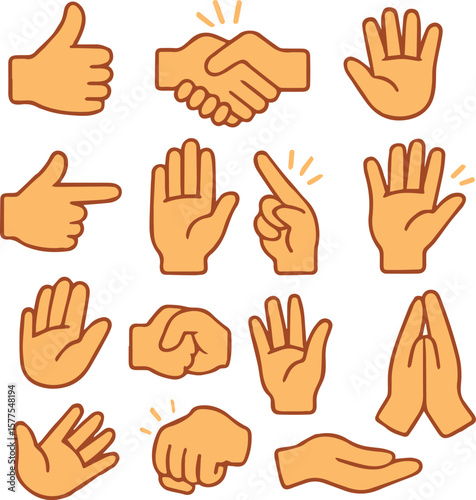 Cartoon Hand Gestures in Various Positions Symbolic Human Communication and Expression Hand Signals Vector Illustrations on White Background