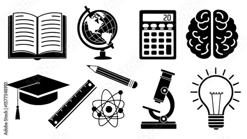 A glyph icon set in black silhouette style, featuring various scientific and academic symbols including an open book, globe, calculator, graduation cap, brain, magnet, ruler, and lightbulb. Each icon 