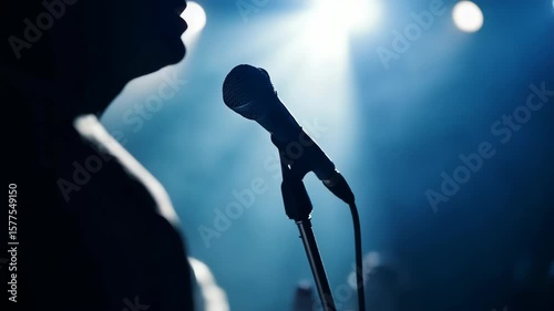 Silhouette of person holding microphone on stage
