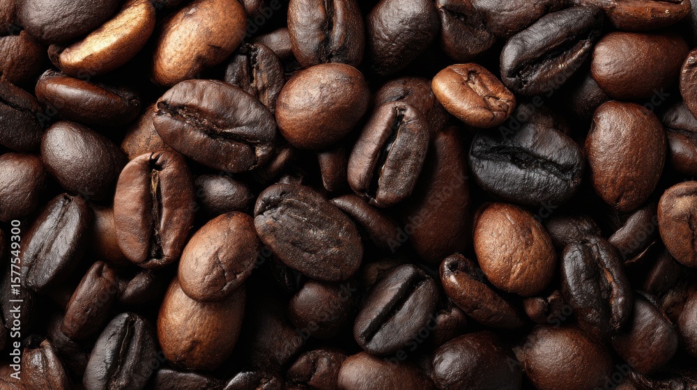 Fototapeta premium Roasted coffee beans, showcasing a rich array of brown tones, fill the frame