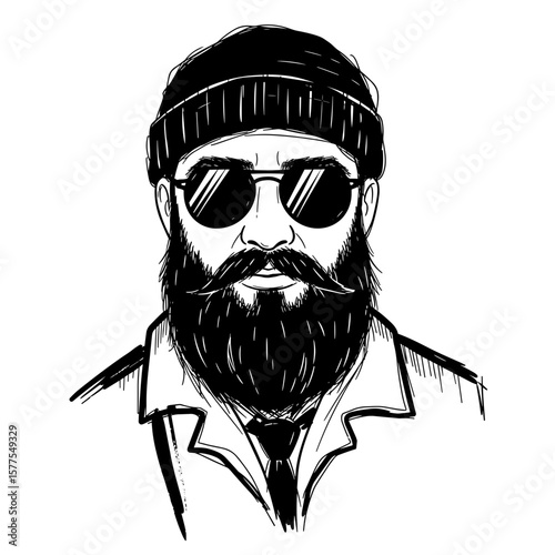 Illustrated man with beard and sunglasses wearing a beanie hat  