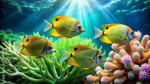 Vibrant Reef Fish Gracefully Swimming Amongst Lush Coral Branches Illuminated by Sunbeams Penetrating the Ocean Depths