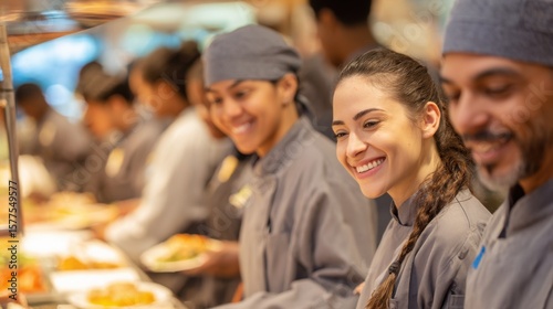 Cheerful restaurant staff are smiling as they are serving food in a cafeteria