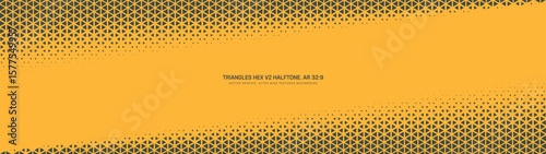 Triangular grid halftone pattern angular frame ultra wide 32:9 aspect ratio vector yellow black abstract background. Half tone texture panoramic ultrawide format retro futuristic graphical abstraction