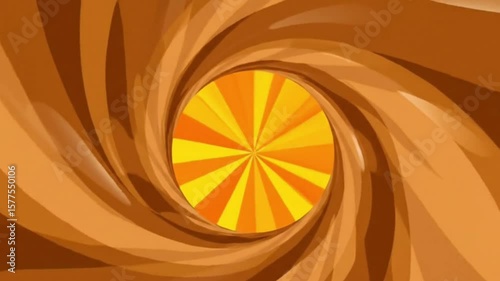A vortex pattern in orange and yellow hues radiating from a striped central circle