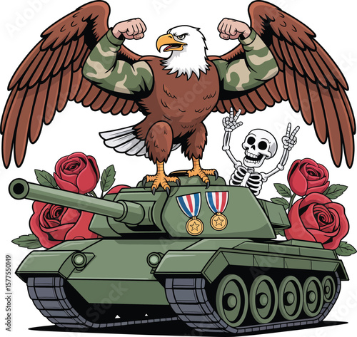 Powerful Eagle, Military Tank, and Skeleton A Patriotic Illustration