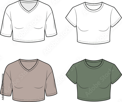 Women’s cropped t-shirt flat sketch front view, v-neck and crewneck styles, short sleeve fashion design, casual basic top template