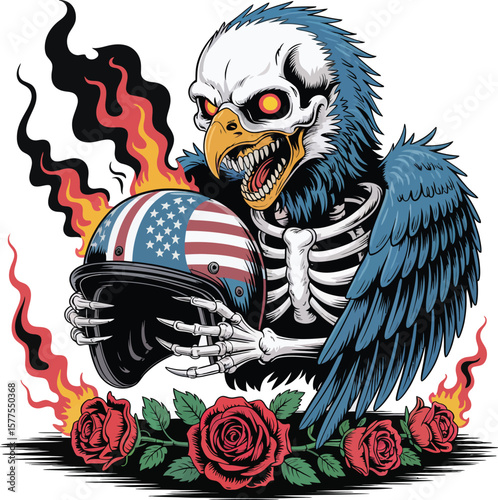 Fiery Skull Eagle, American Flag Helmet, Roses A Patriotism Illustration