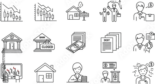 Various financial and economic icons depicting loss and economic downturn