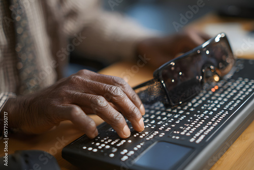 Rear view of person with blindness disability using computer keyboard and braille display or braille terminal a technology assistive device for persons with visual impairment