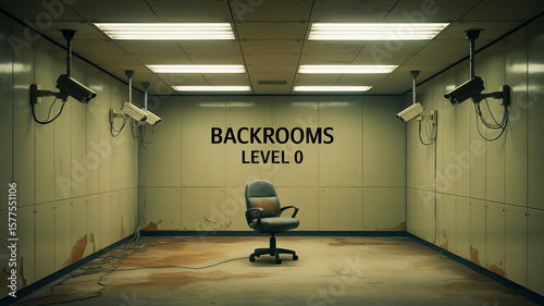 Backrooms Level 0: An eerily empty space is depicted. a solitary chair sits centered, while the stark lighting and walls of this seemingly endless area. evoking a sense of loneliness and isolation.