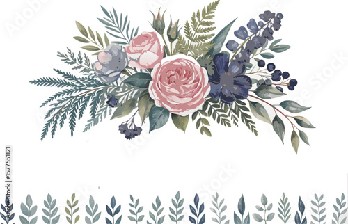 Watercolor Floral Bouquet with Roses, Ferns, and Berries on White Background with Leafy Border