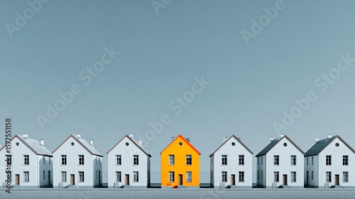 Single orange house amongst similar white houses