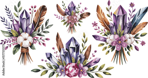 Watercolor Illustration Featuring Purple Crystals, Feathers, Flowers, and Greenery on a White Background