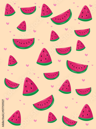 Watermelon slices on a beige background. Pattern. Vector. Pieces of watermelon
