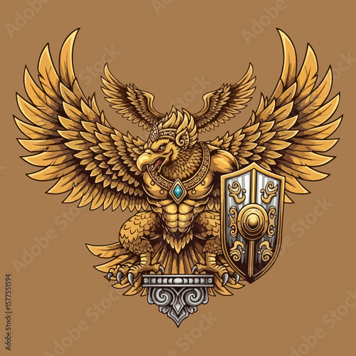 golden garuda carrying shield vector