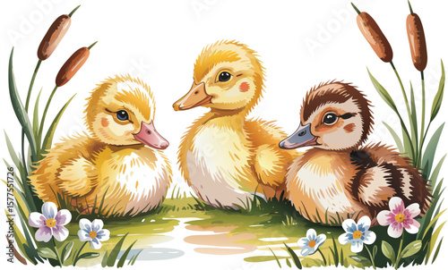 Watercolor Illustration Three Cute Ducklings by the Pond with Flowers and Cattails in Springtime