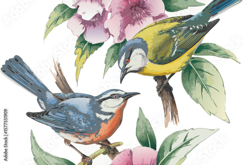 Watercolor Painting of Two Birds Perched on Branches Amongst Leaves and Pink Flowers