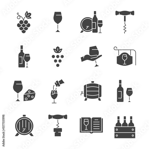 Wine glyth icon set. Vector collection with glass, grape, barrel, bottle, cheese.