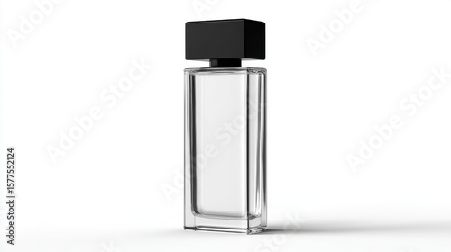A minimalist perfume bottle design, capturing the essence of elegance and sophistication. The rectangular shape and black cap provide a modern aesthetic