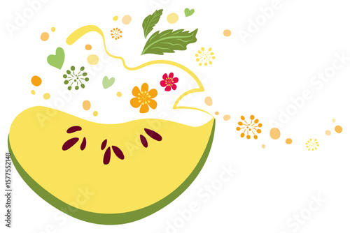 Green apple slice surrounded by flowers, mint leaves, hearts and bokeh. Vector stylized ripe fruit in flat style. Wave of fragrant flowers and juicy bubbles. Isolated drawing of healthy apple fruit