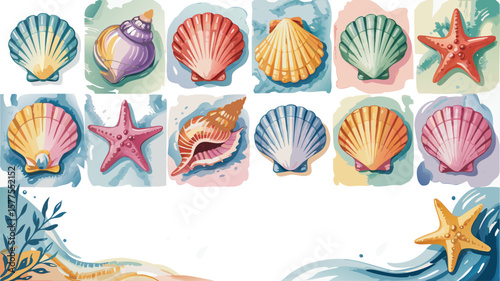 Watercolor Seashells and Starfish Assortment Artistic Illustration of Coastal Elements with Beachy Wave Border