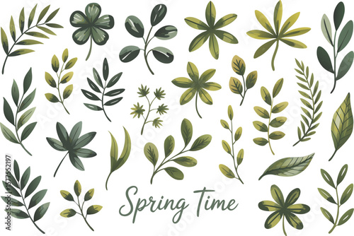 Watercolor Spring Leaves Collection Green Floral Elements for Decoration and Design Projects