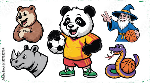 Cartoon Animal Characters Bear, Panda Soccer Player, Rhino Head, Wizard with Basketball, Snake with Basketball