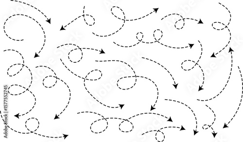 Hand drawn curve dotted line arrow set. Sketch curved dashed arrows design. curved hand drawn arrows. Zigzag arrow stripes design with dotted lines
